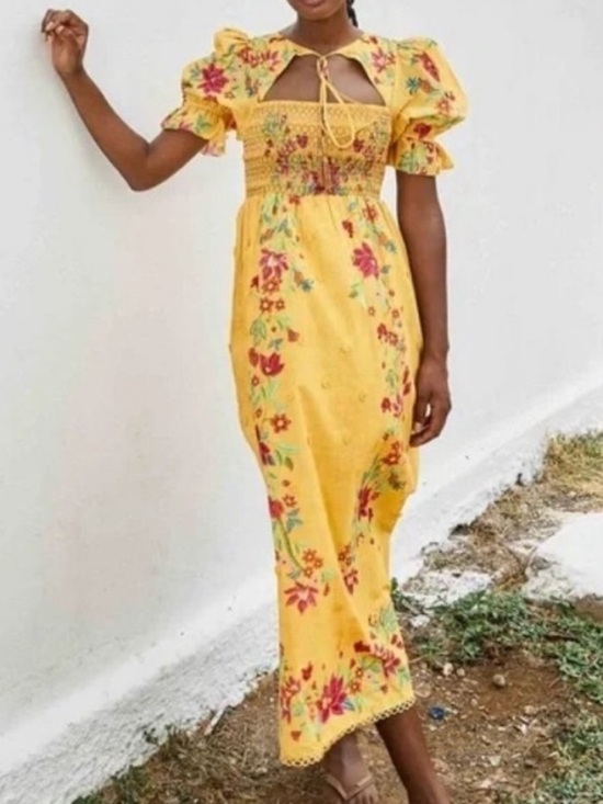 FARM Rio Dresses & Skirts - Farm Rio Flower Dream Maxi Dress Yellow Embroidered 3D Floral Small